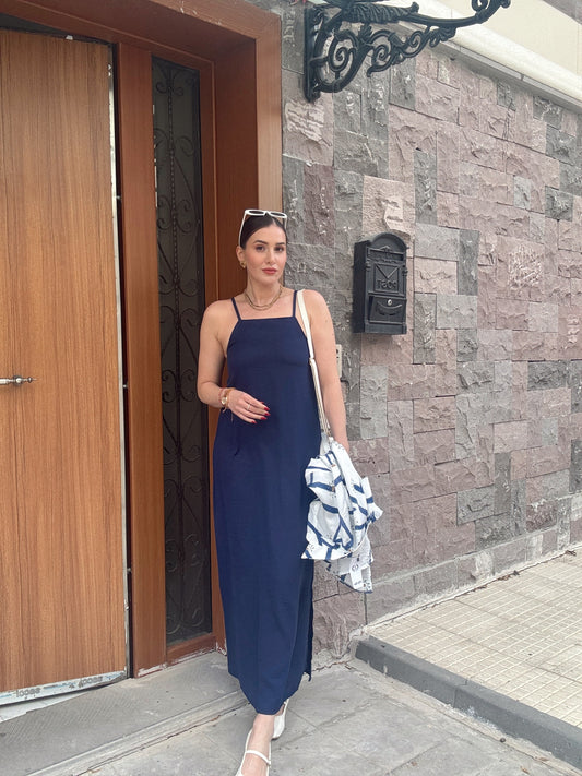 Ayarlanabilir ince askılı keten elbise LACİVERT