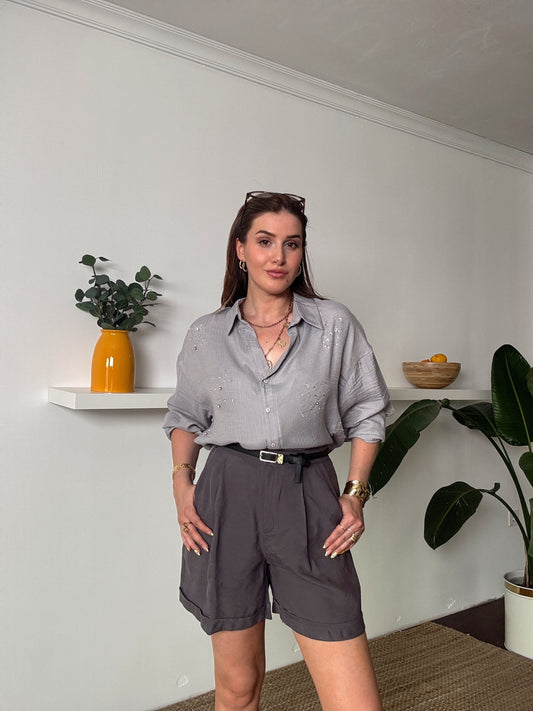 DİANA taş detaylı KETEN gömlek GRİ