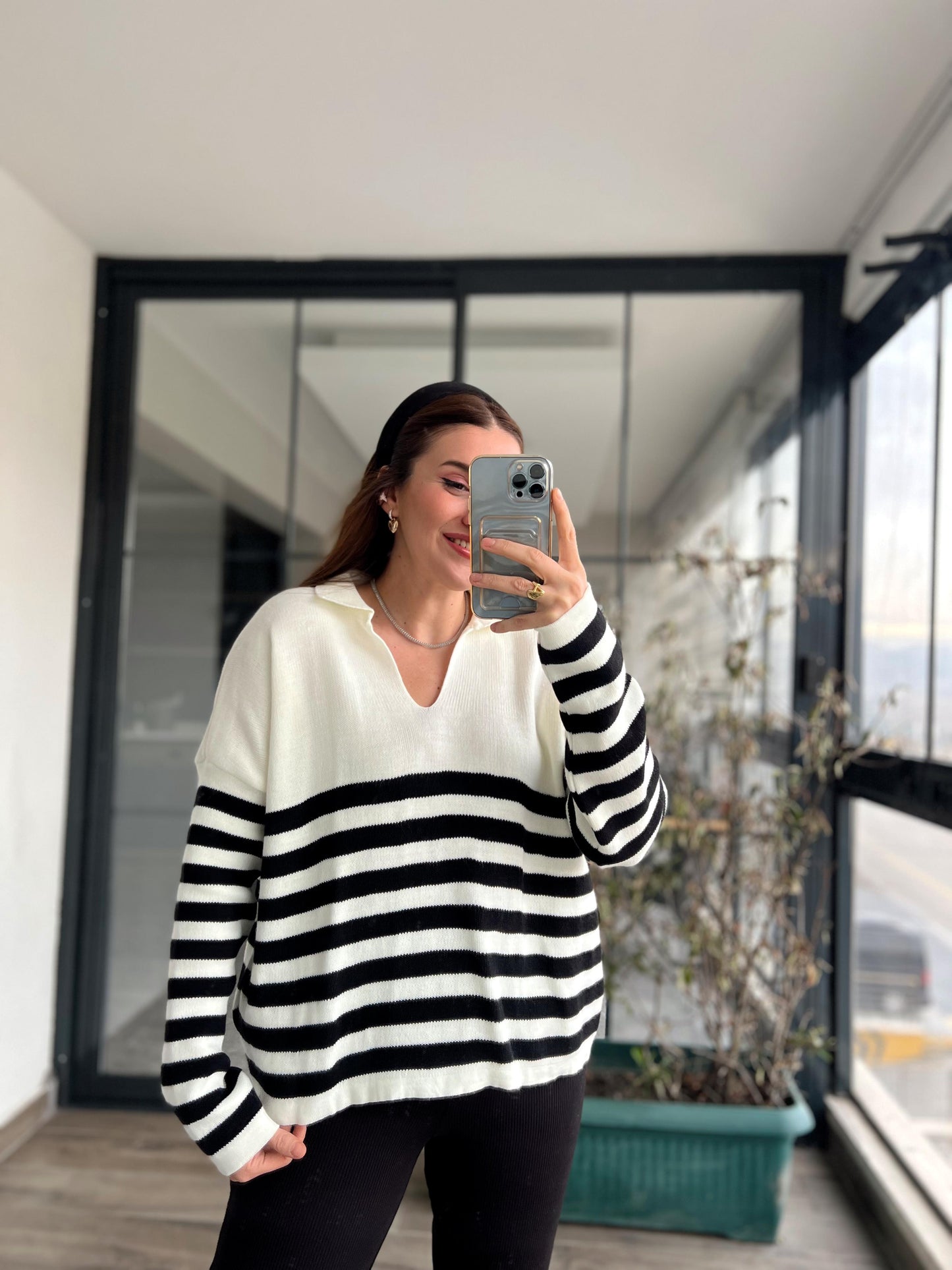 Çizgili Kısa Polo Yaka Triko Kazak KLS4028 EKRU