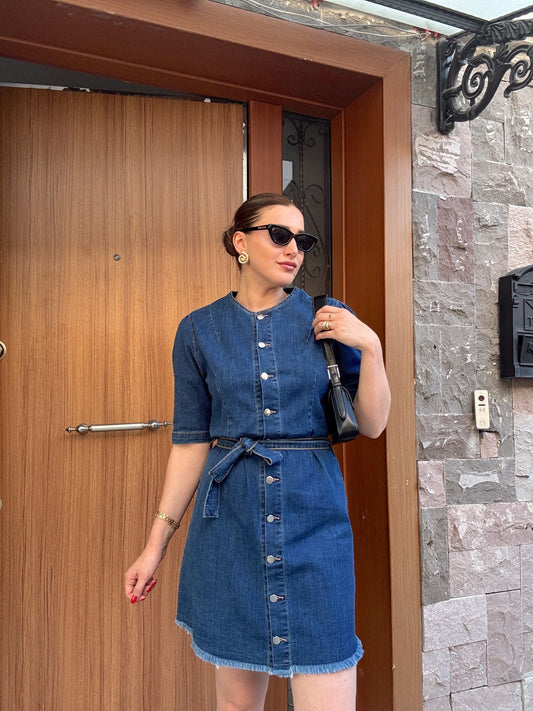 Püskül detaylı kuşaklı kot elbise-KOYU MAVİ