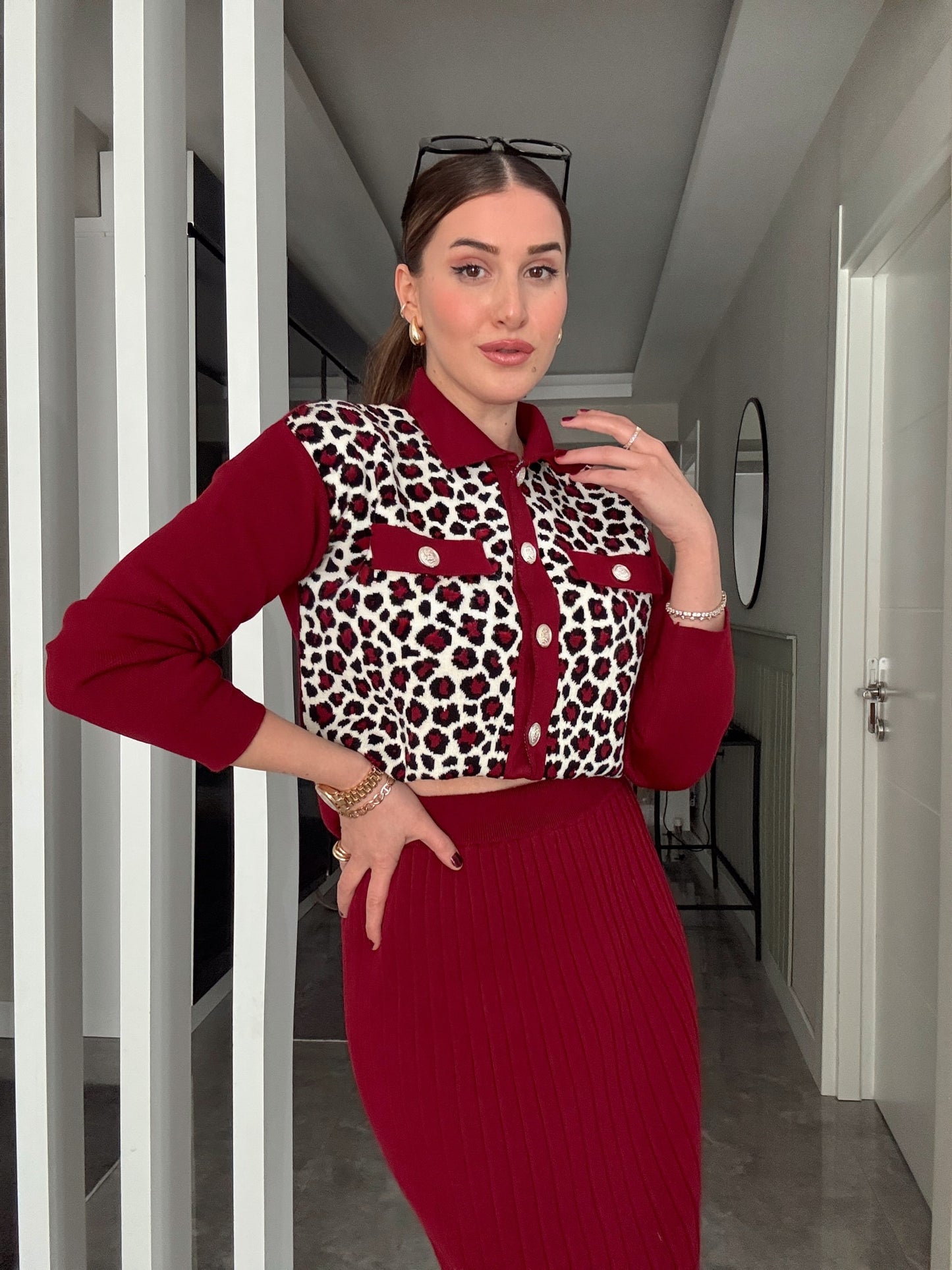 Leopar Desen Etekli Takım - BORDO