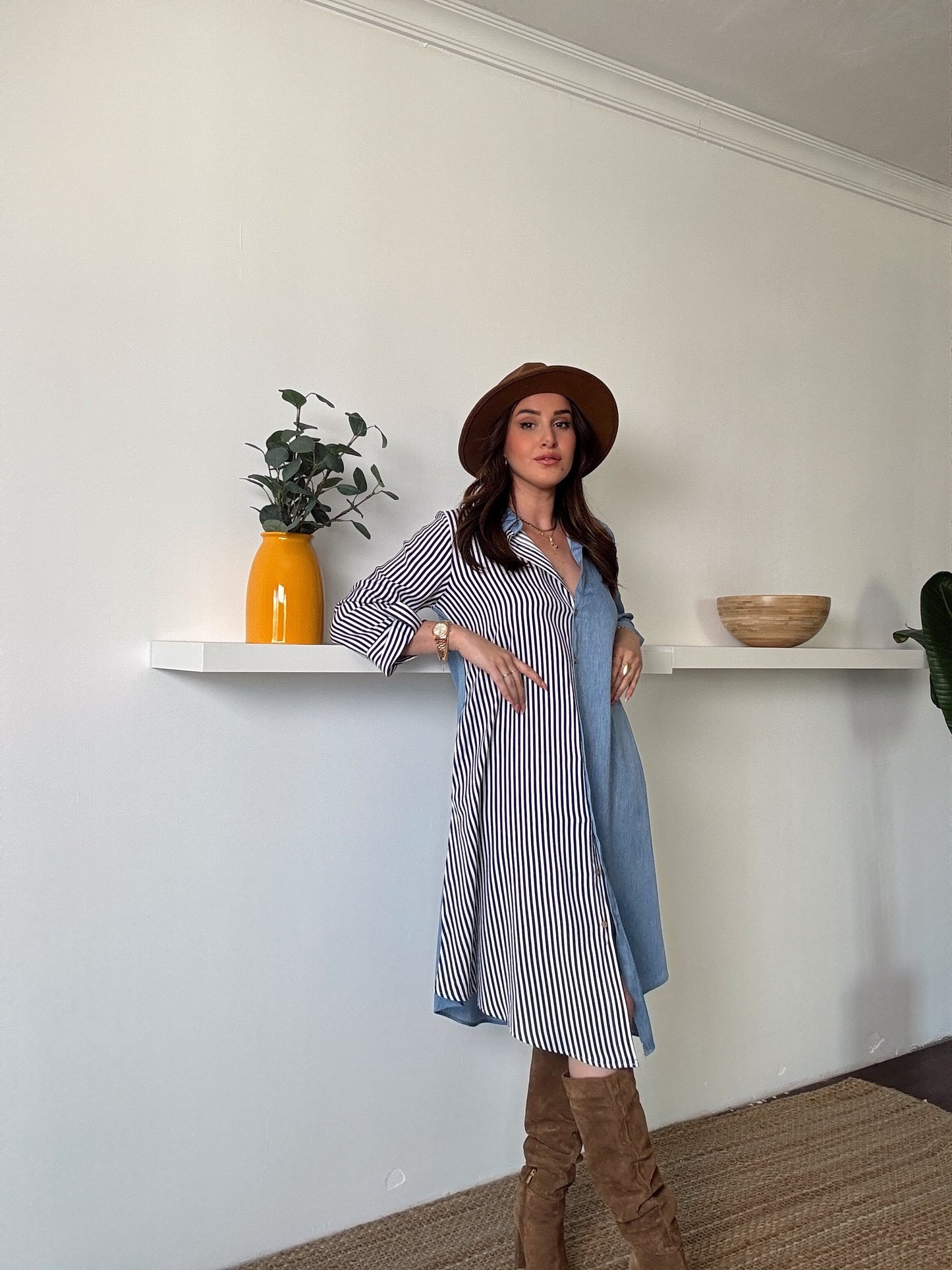 Çizgili tensel denim görünümlü elbise AÇIK MAVİ