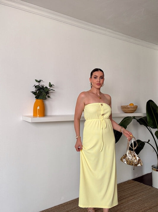 Straplez gold düğme detaylı fitilli elbise SARI