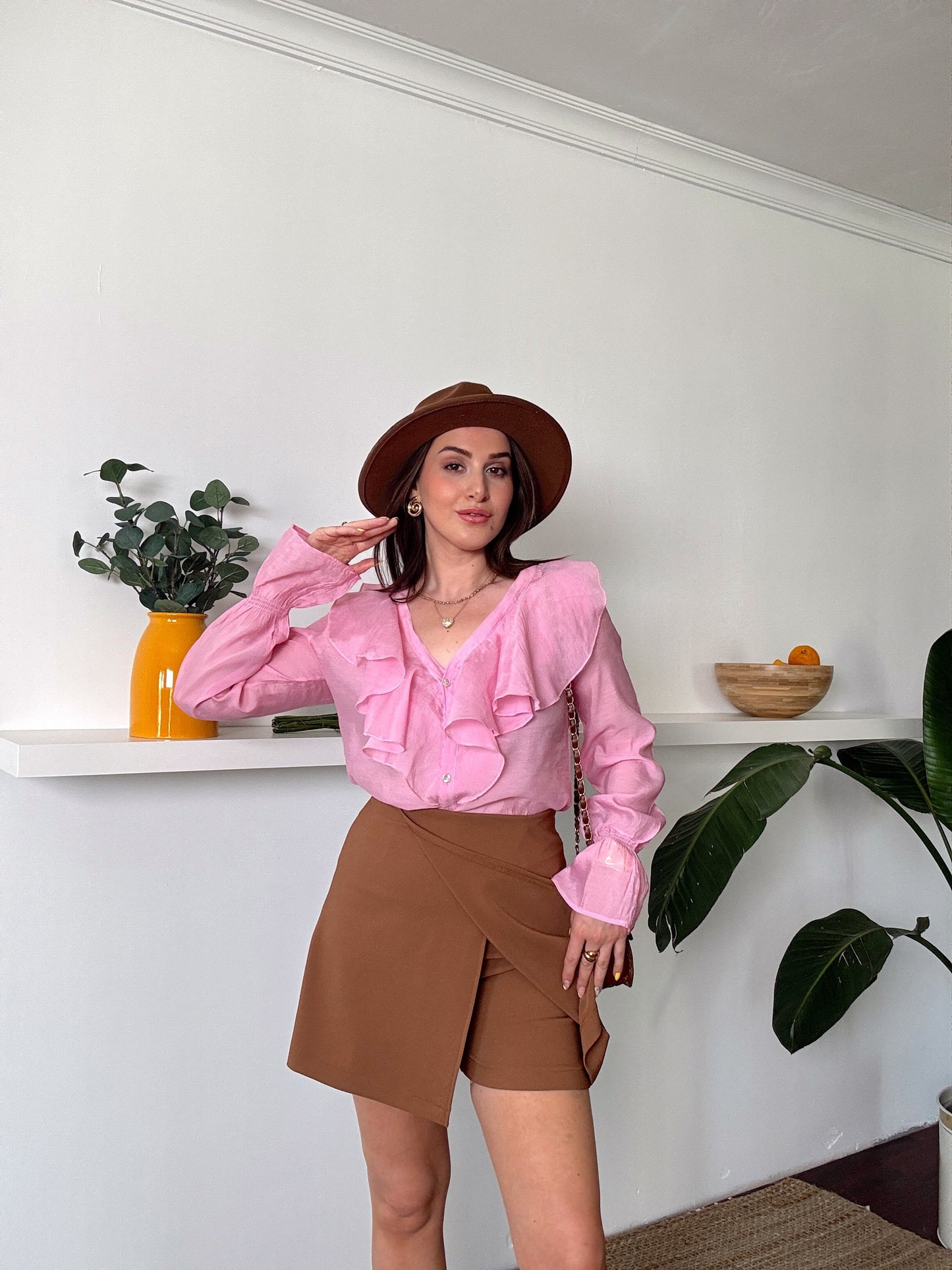 Fırfır Detaylı Aerobin Kumaş Gömlek Pembe