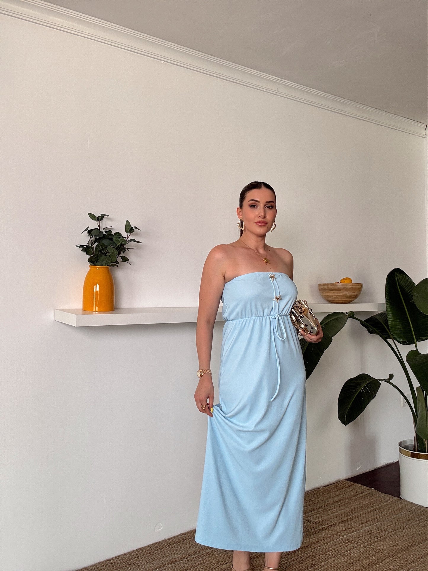 Straplez gold düğme detaylı fitilli elbise MAVİ