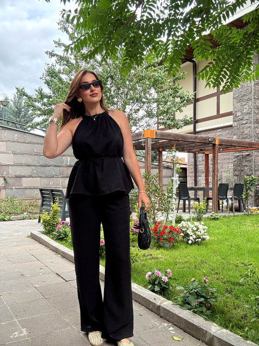 Boyun detaylı keten takım Siyah