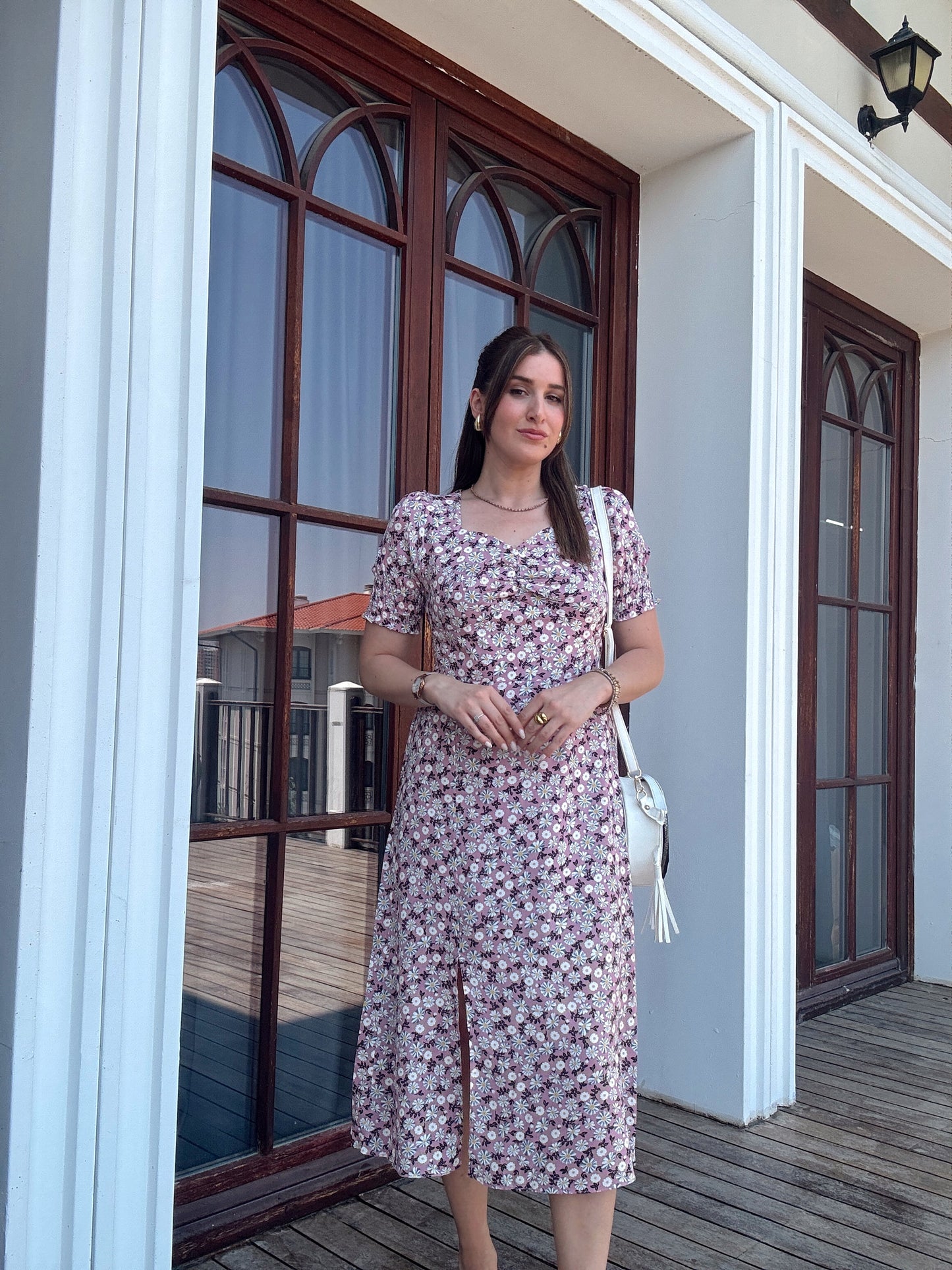 Papatya desen kalp yaka elbise LİLA
