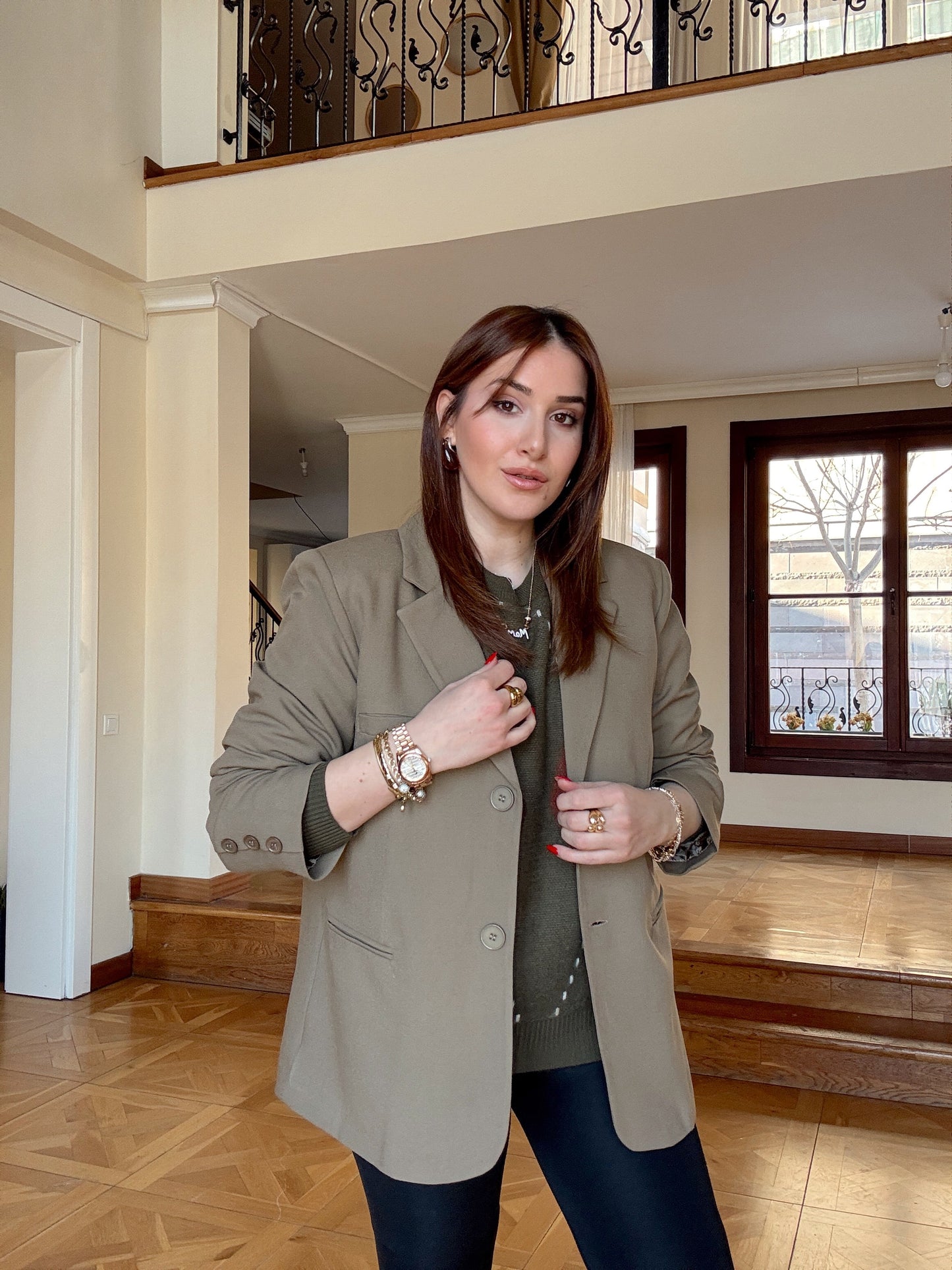 Çift düğme astarlı oversize blazer ceket-HAKİ