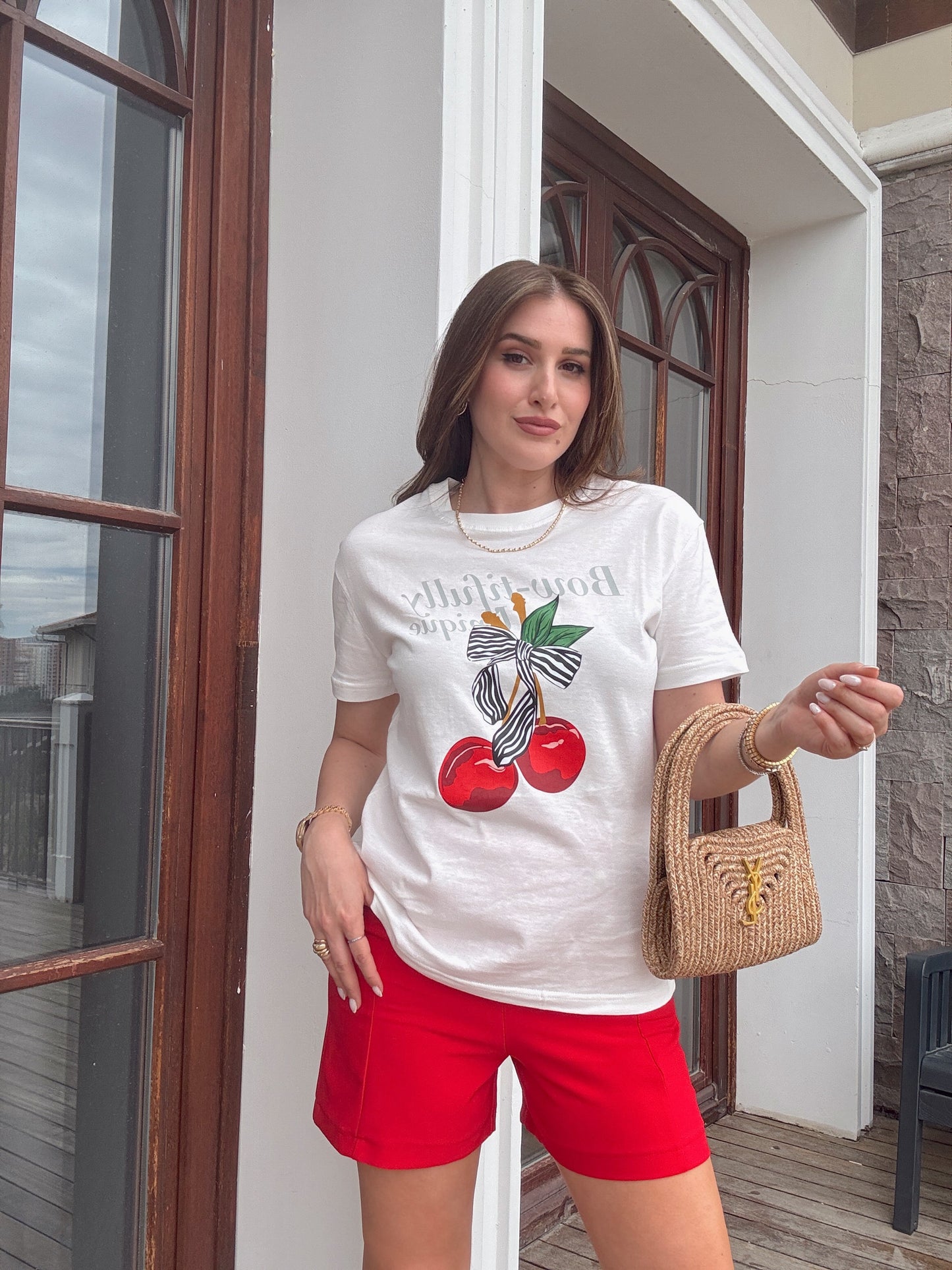 KURDELE baskılı basic tişört BEYAZ