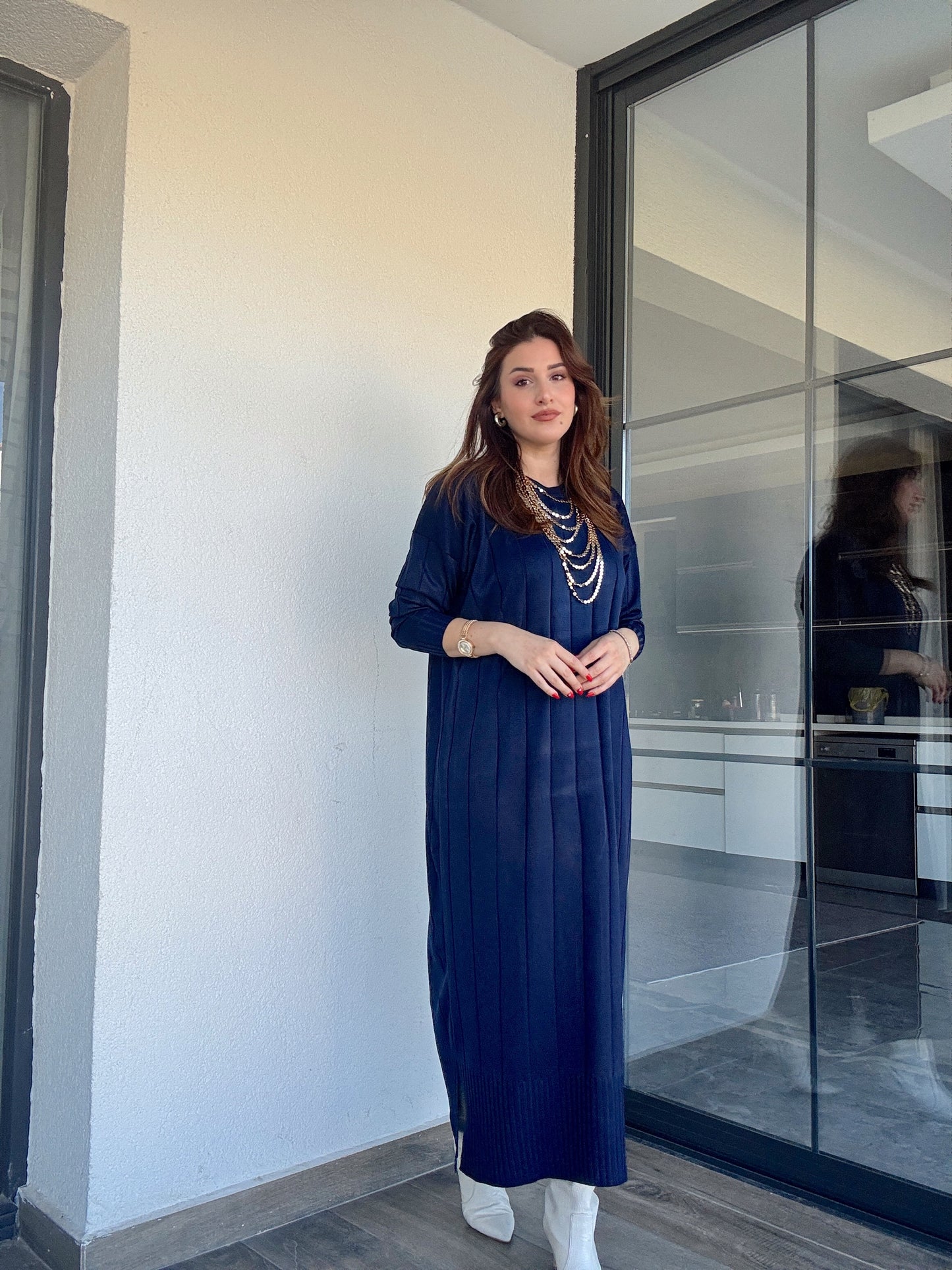 Şerit detaylı uzun triko elbise LACİVERT