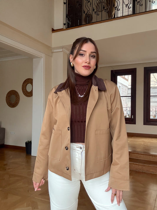 Garnili kısa trench Camel