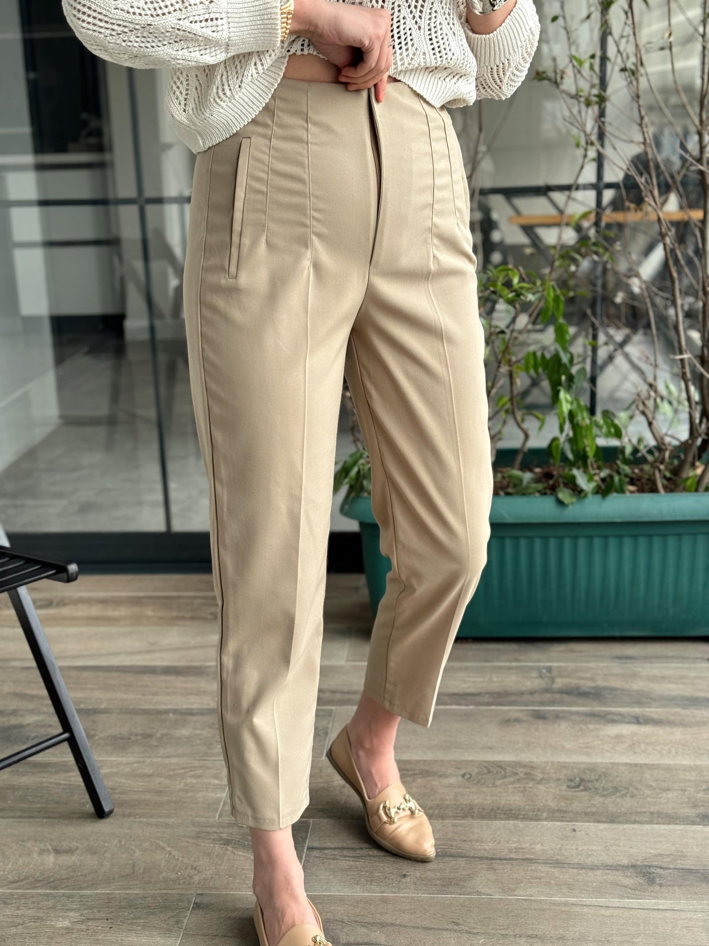 Beli Pensli Vivien Keten Pantolon - BEJ