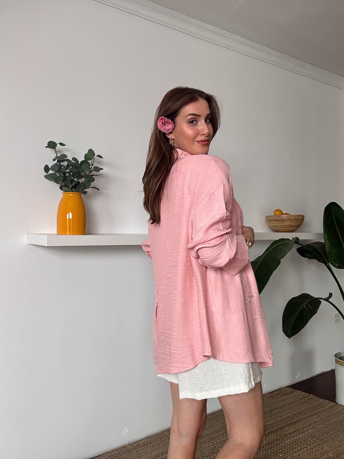 DİANA taş detaylı KETEN gömlek PUDRA