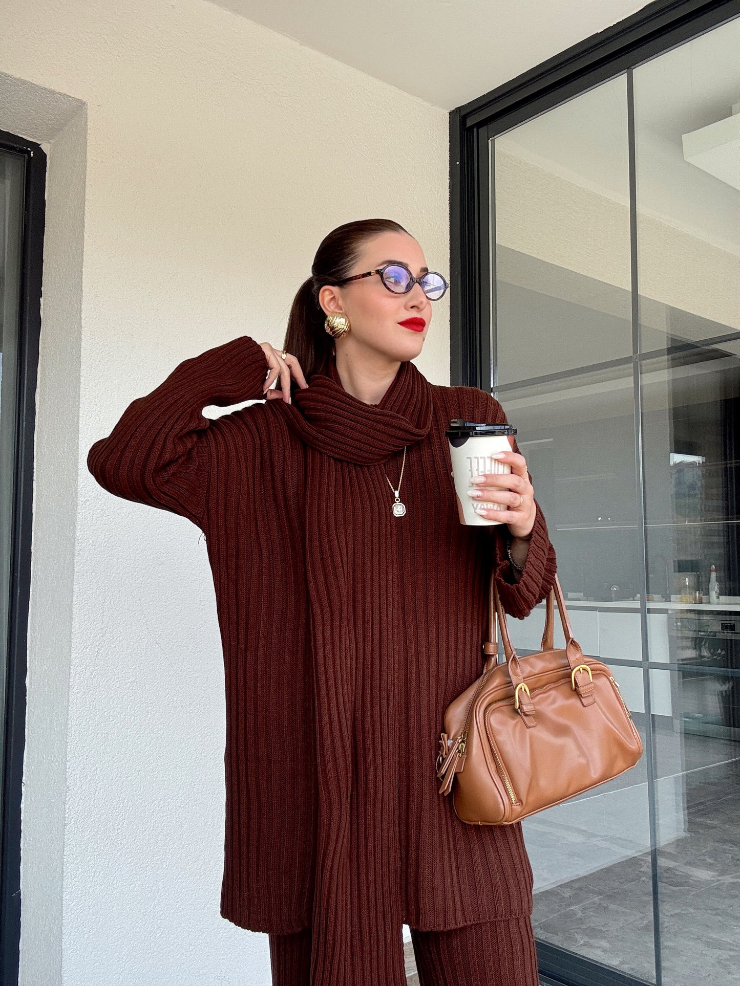 Şallı triko takım-KAHVERENGİ