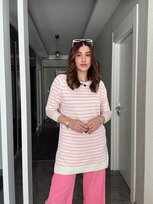 İTALYAN KOL ÇİZGİLİ POLİELİT KAZAK - PEMBE