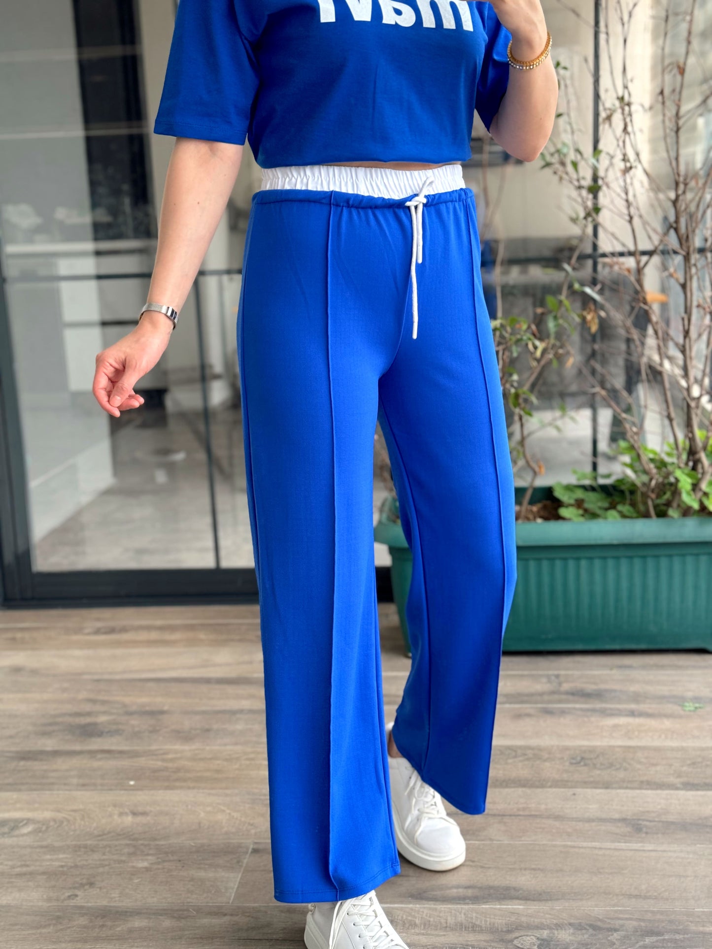 Beli Lastikli Çimalı Pantolon - SAKS MAVİ