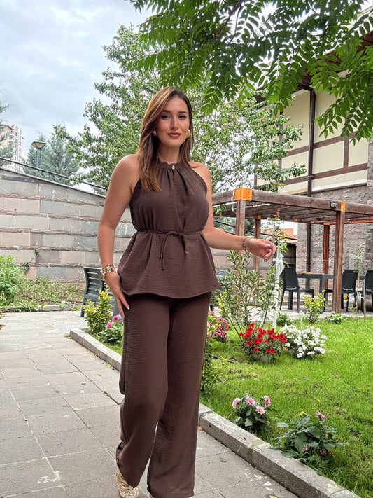 Boyun detaylı keten takım Kahve