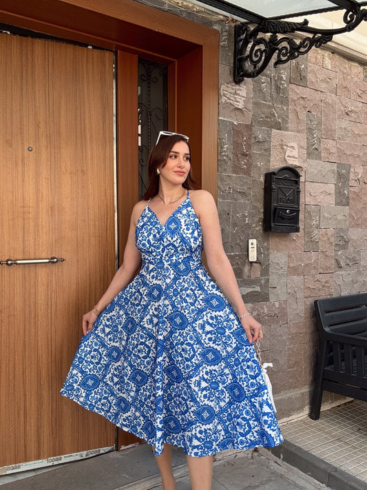 Ayarlanabilir arkası çapraz desenli elbise MAVİ