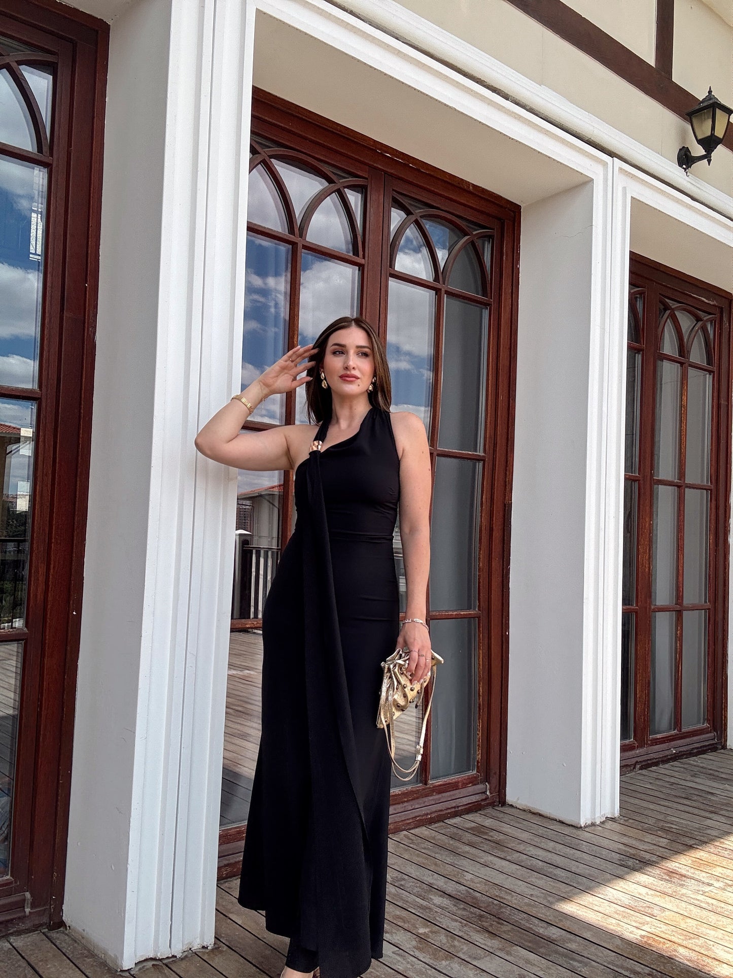 Şal Omuz Detaylı Elbise Siyah