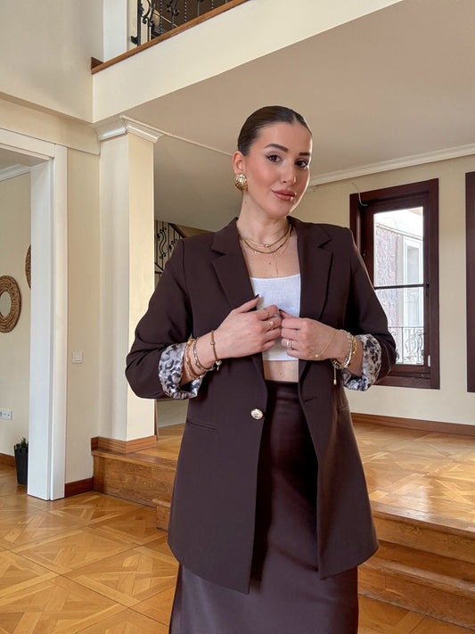 Astarı Desenli Ceket-KAHVERENGİ