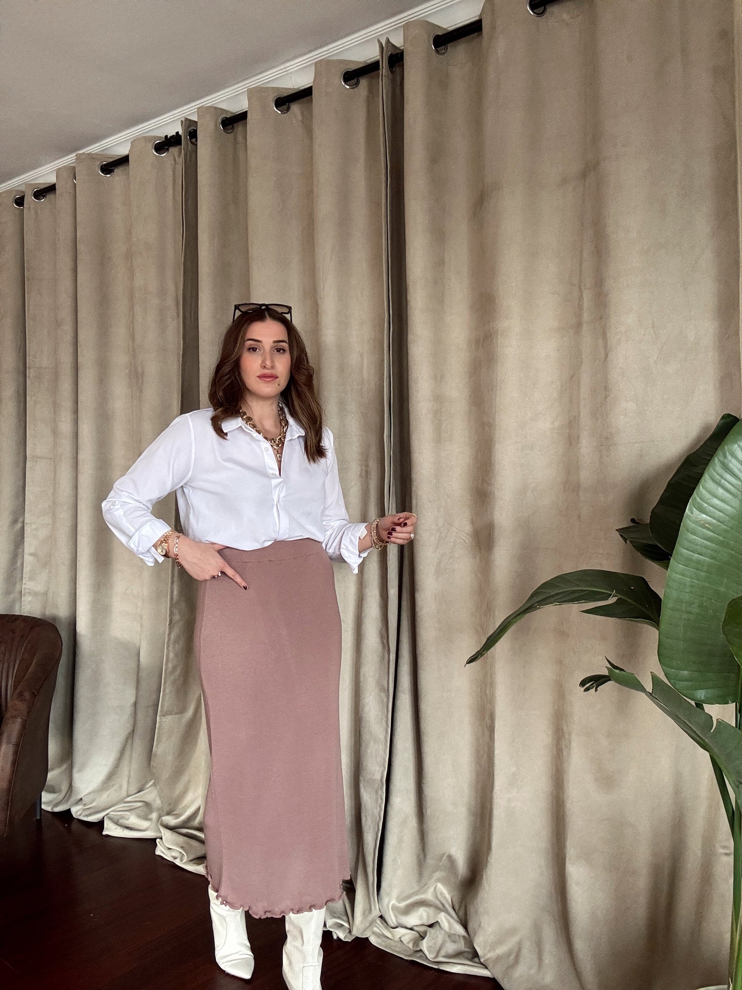 Volanlı Triko Etek - PUDRA