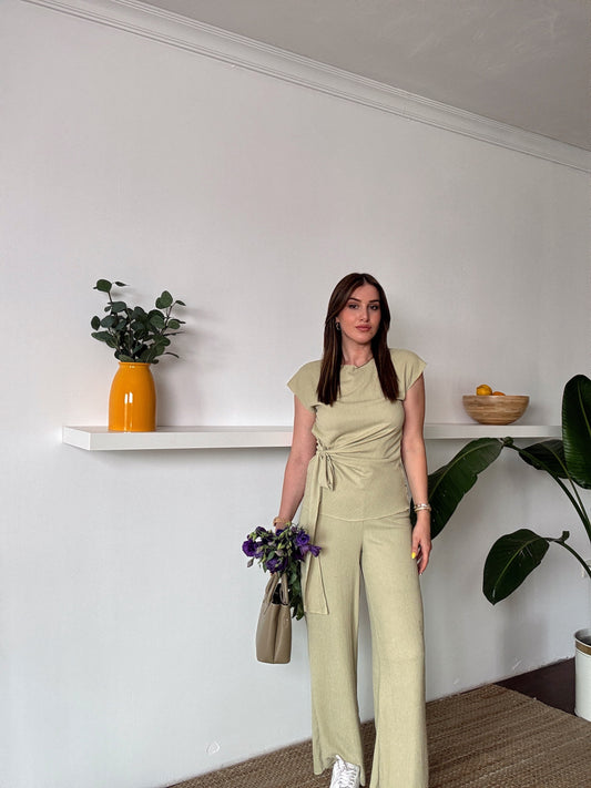 Bağlama detaylı bluz pantolon ikili takım Mint