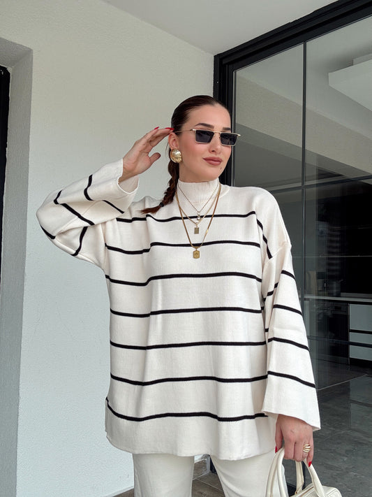 İspanyol Kol Çizgili Kazak - LATTE