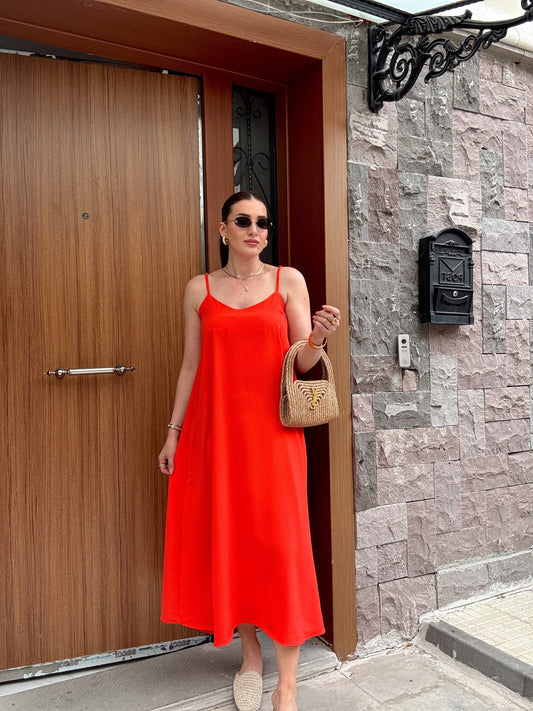 Tensel kumaş ayarlanabilir askı detaylı elbise Nar Çiceği