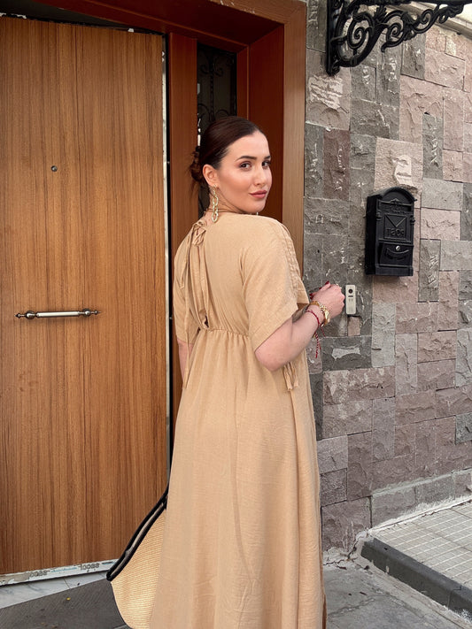 Ön arka v yaka keten elbise CAMEL