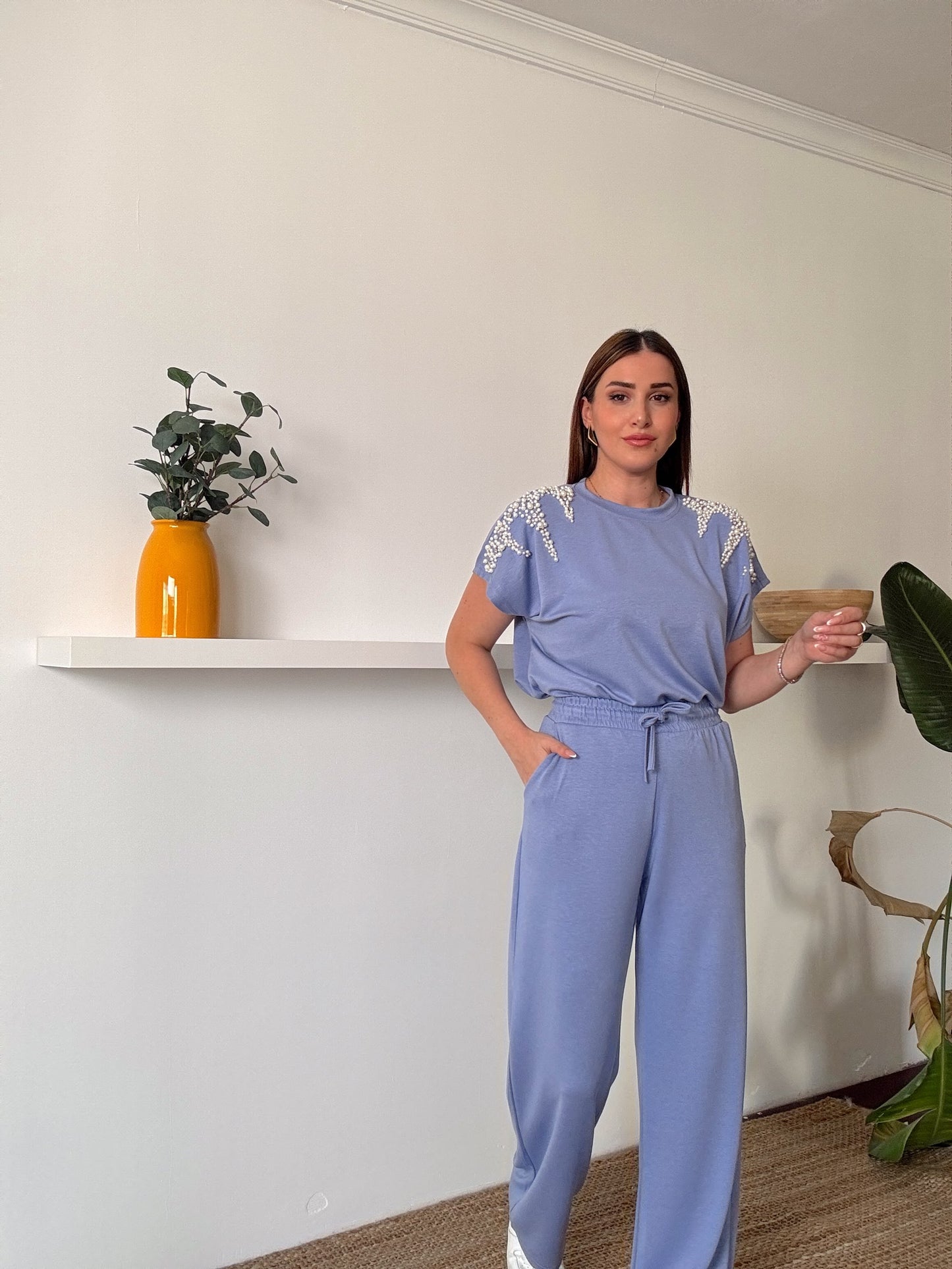 İnci İşlemeli Modal Takım Mavi