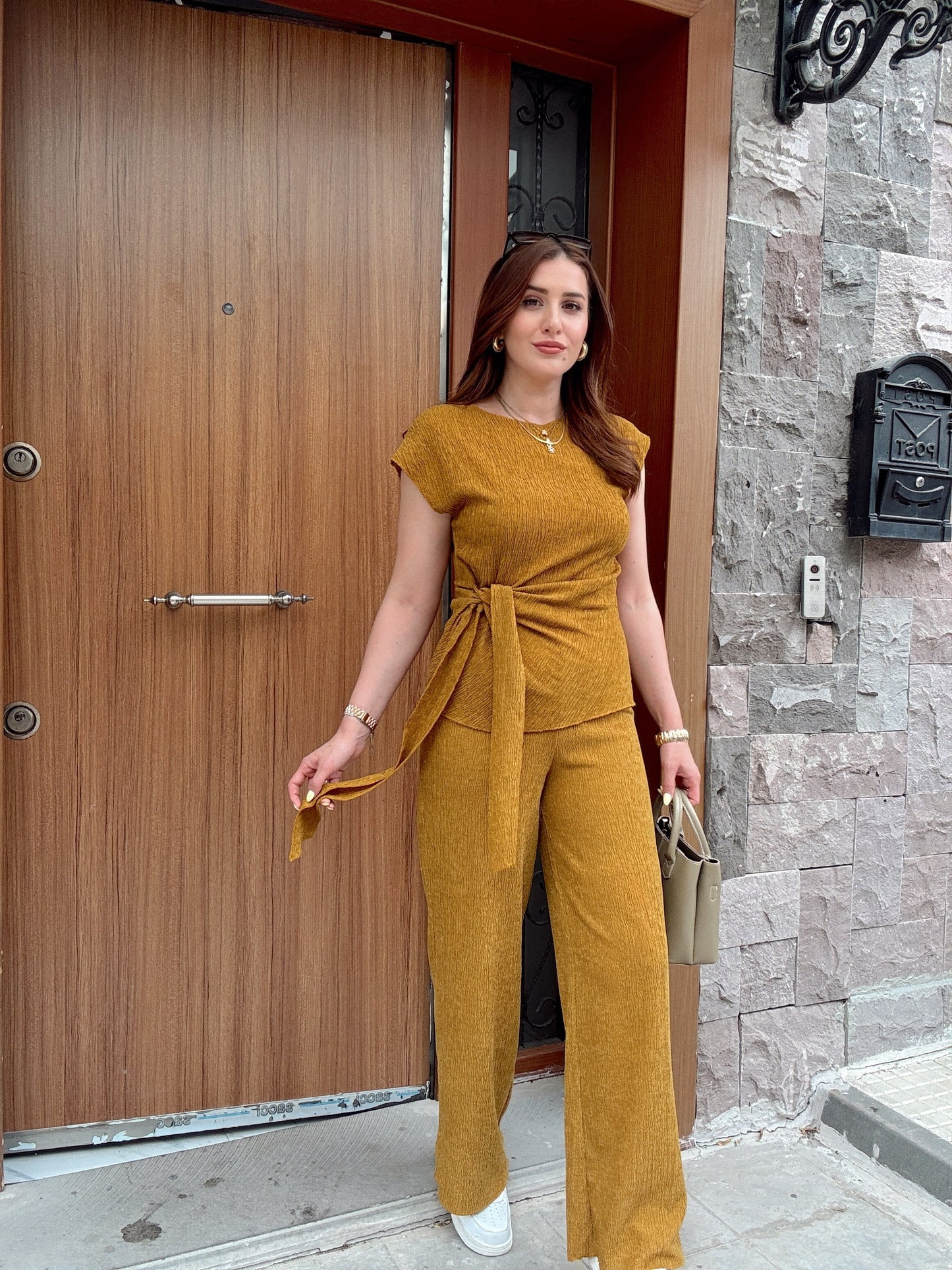 Bağlama detaylı bluz pantolon ikili takım HARDAL