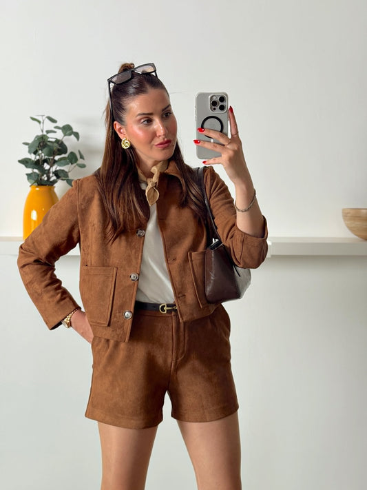 Süet ceket şort takım TABA