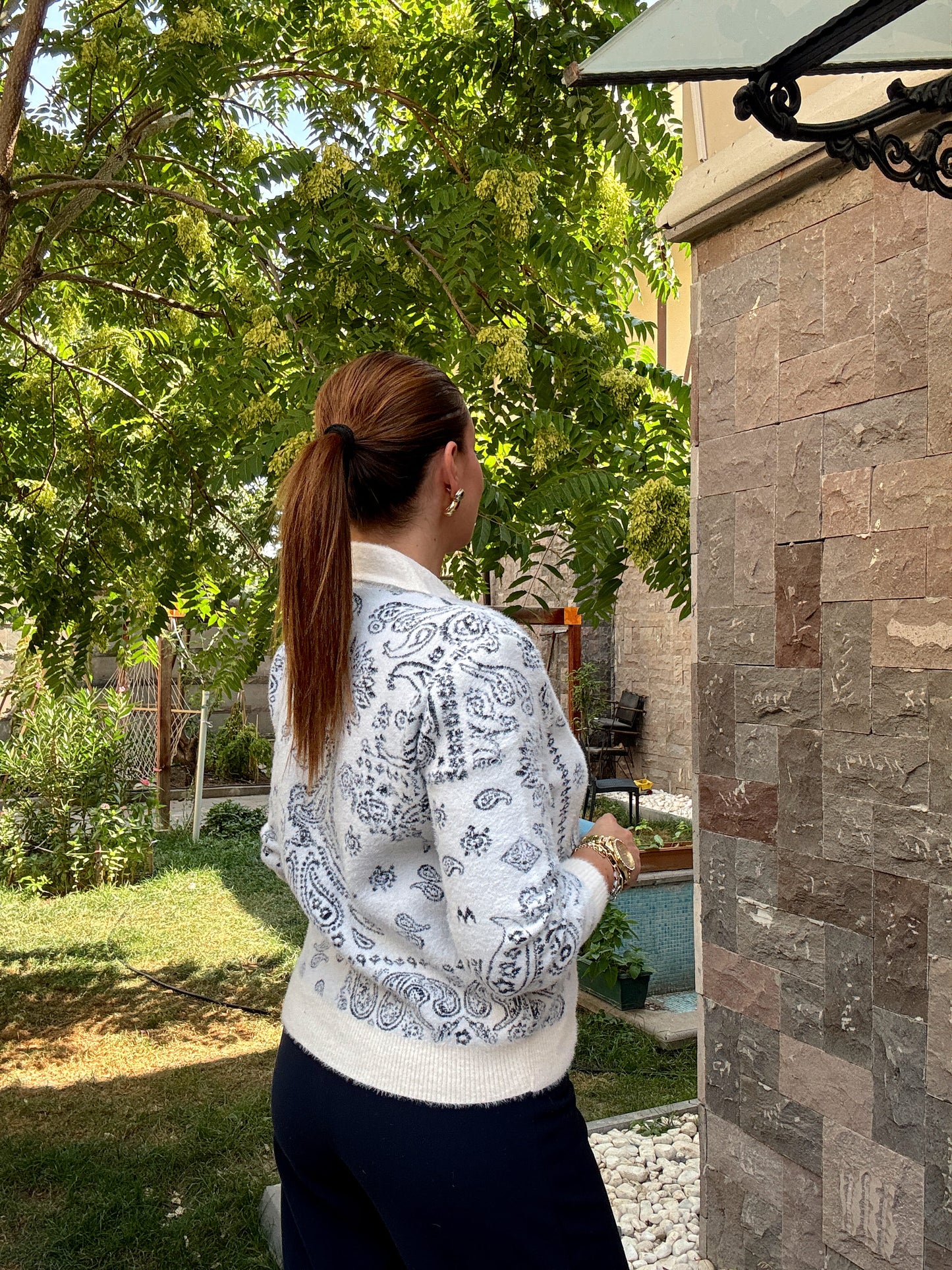 Etnik desen fermuarlı ceket Mavi