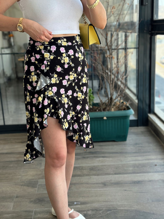 Çiçek Desen Fırfırlı Etek - SİYAH