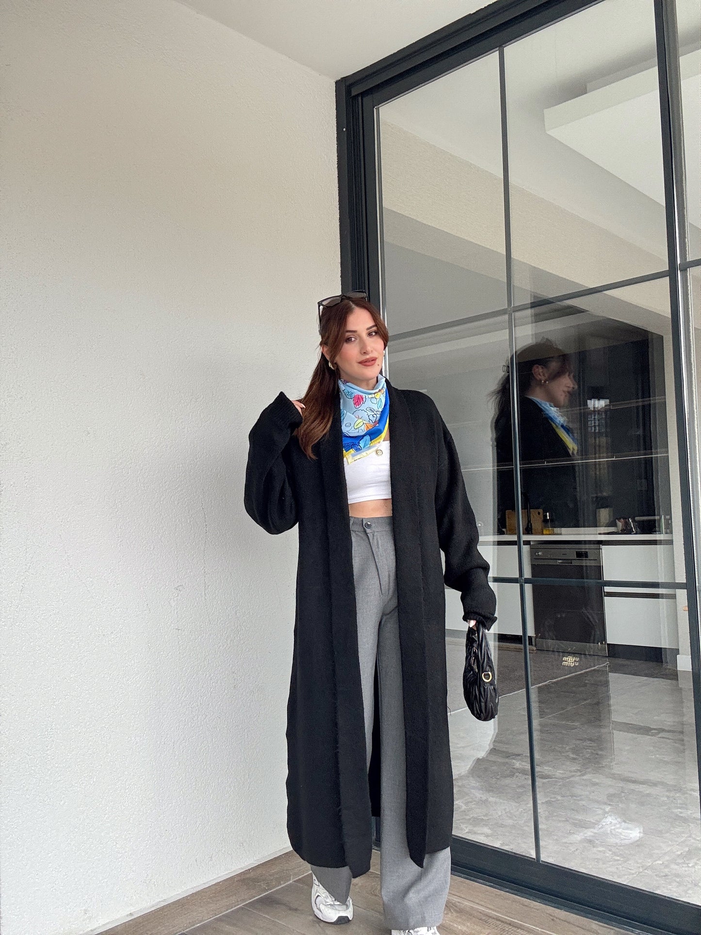 Şardonlu uzun hırka-SİYAH