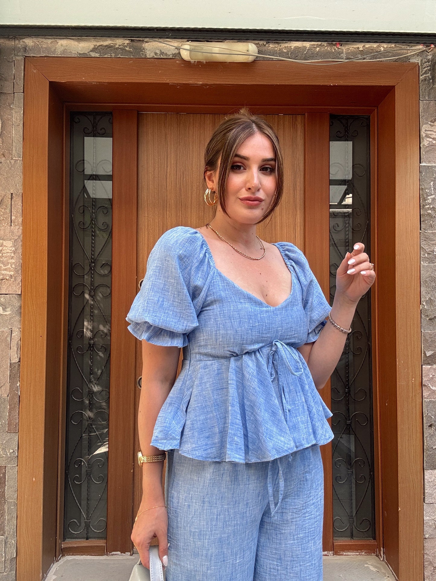 MELODİ keten ikili takım MAVİ