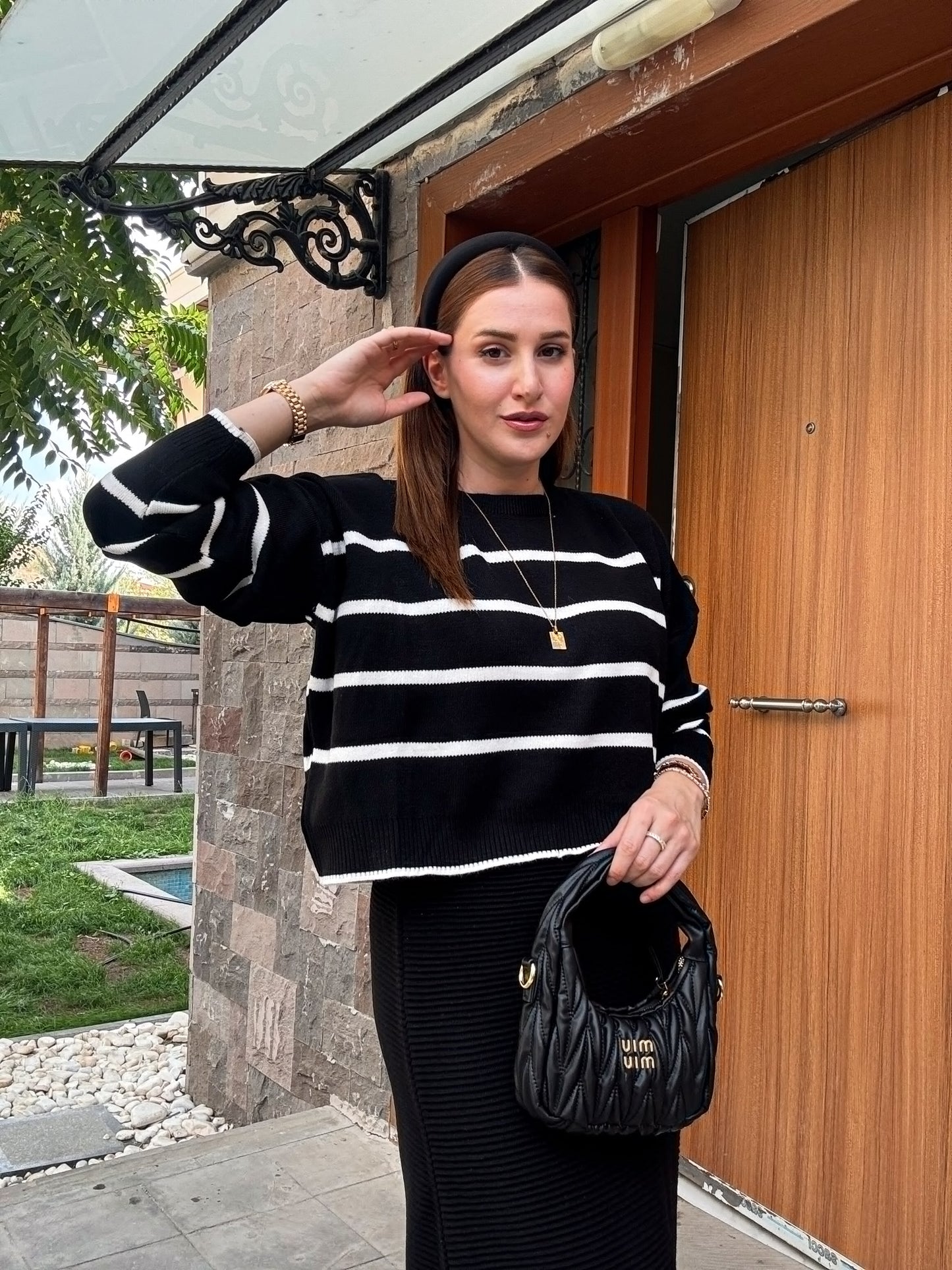 Çizgili Crop Kazak - SİYAH