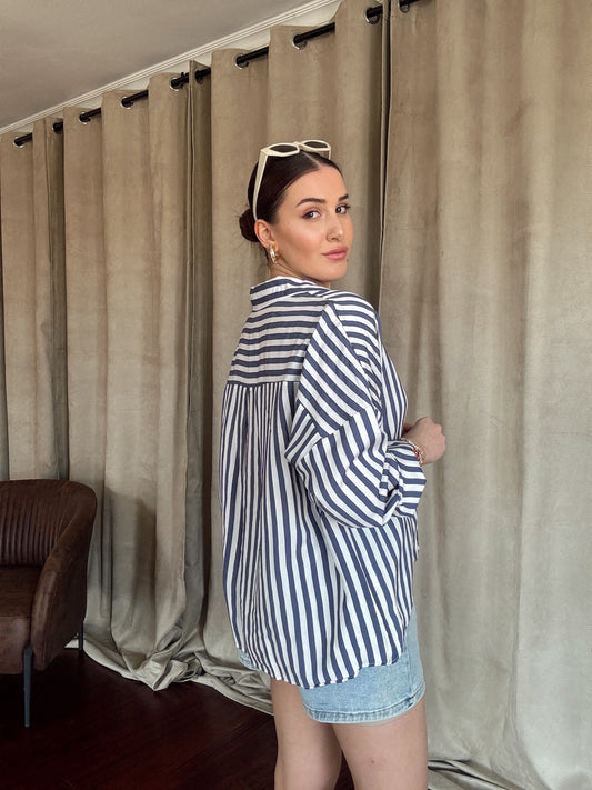Çizgili Yarasa Kol Gömlek İNDİGO