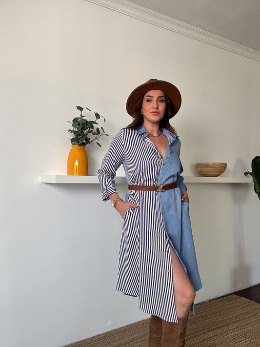 Çizgili tensel denim görünümlü elbise AÇIK MAVİ