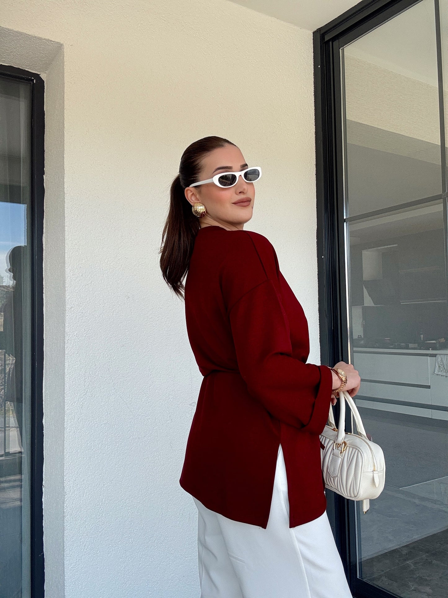 Modal kumaş duble kol tunik-BORDO