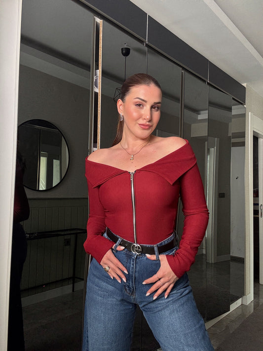 Fermuarlı ottoman bluz Bordo