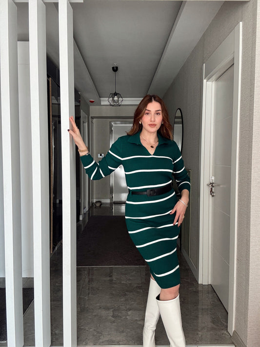 Polo Yaka Çizgili Kemerli Triko Elbise - ZÜMRÜT