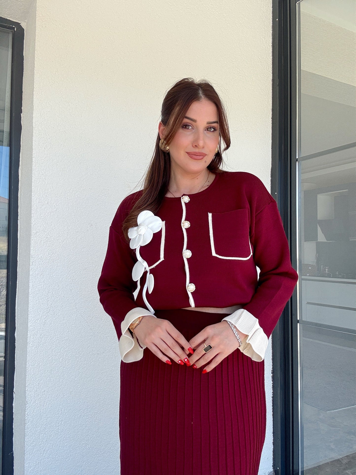 Florya etekli ikili triko takım bordo