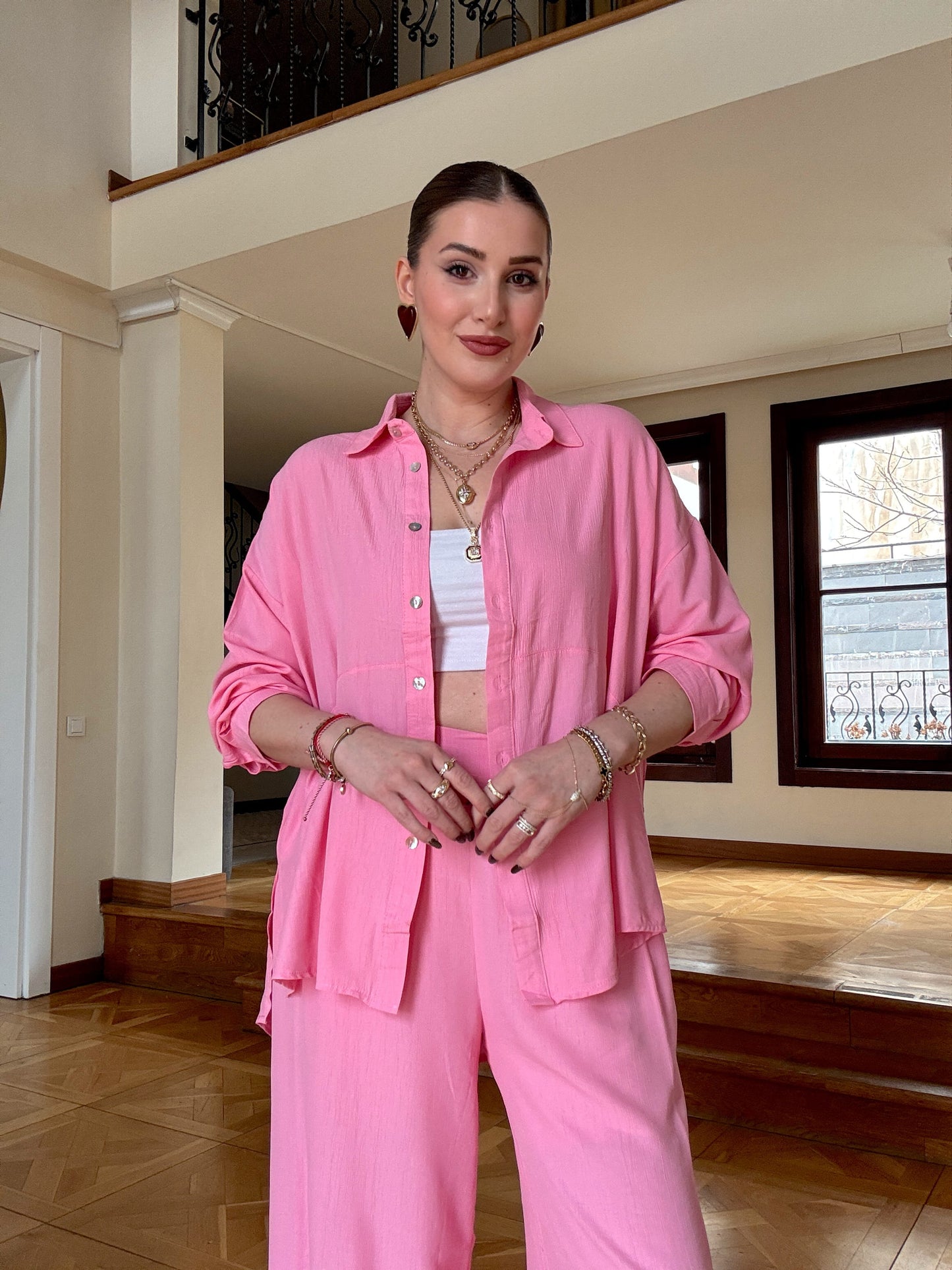 Gofre pantolonlu ikili takım Pembe