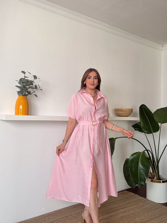 Bel kemerli gold tokalı düğmeli elbise PEMBE