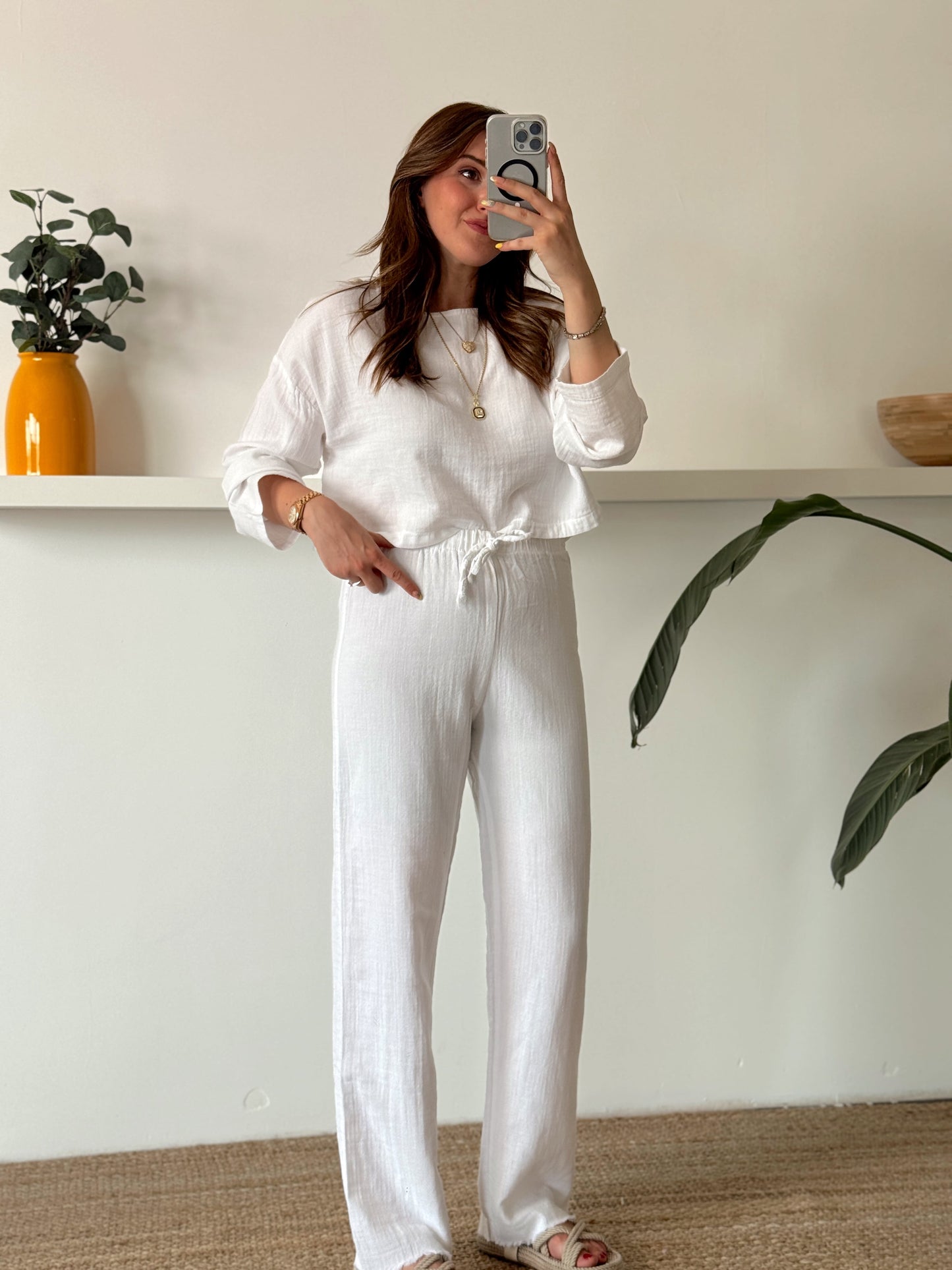 Keten uzun kol crop pantolon ikili takım BEYAZ
