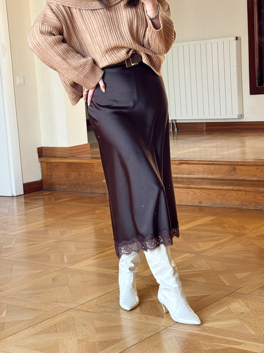 Dantelli Saten Etek-KAHVERENGİ