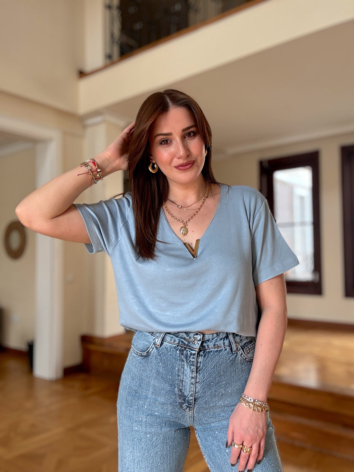 Modal Aksesuarlı Bluz Mavi