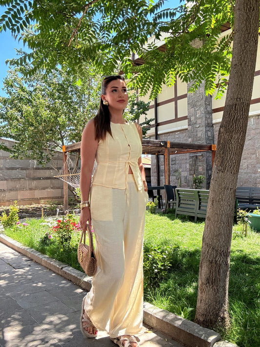 Yelekli bağlama detay keten takım Sarı
