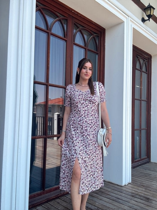 Papatya desen kalp yaka elbise LİLA